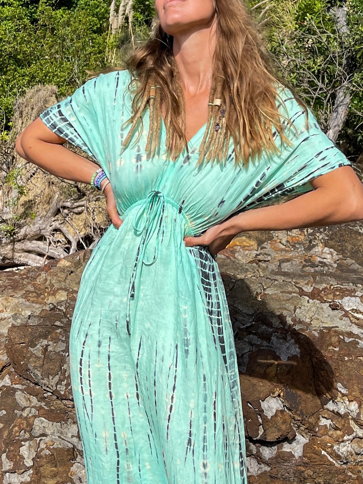 green emerald velvet dress Tie dye V Neck Maxi Dress Green- Casual Loose fit Resort Dress - Bohemian  Beach Maxi Dress Tie Dye main image 1
